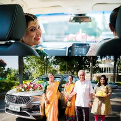 A collage showing the bride's happy wave from the wedding car and her family waiting to welcome her.
