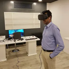 A simple and effective VR setup within an office space. I can transform any room into a virtual playground, providing a much-needed break and a unique form of entertainment for employees.