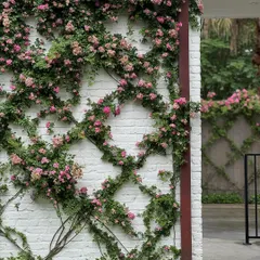 A living green wall can also be created with climbing plants. Here, we trained climbing roses on a wire trellis to form an elegant diamond pattern against a white brick wall, turning a plain surface into a beautiful, blooming feature.
