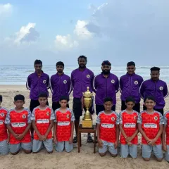 Our champion team posing with the trophy on a Goa beach. A perfect end to a successful and memorable tournament.