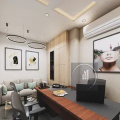 A 3D render of an executive office designed for both work and meetings. The space includes a comfortable seating area for discussions, ample storage integrated into the wall, and modern circular pendant lights.