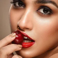 For beauty and cosmetic photography, the details are everything. This macro shot focuses on the flawless skin texture, the vibrant color of the lipstick, and the fresh look of the cherry, creating a bold and sensual image perfect for a skincare or makeup campaign.