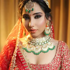 A captivating close-up that emphasizes a bold, smoky eye look. The lighting is controlled to showcase the depth of the dark eyeshadow and the sparkle of the green and white stone jewellery, demonstrating skill in creating dramatic bridal looks.