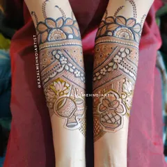 A beautiful bridal design featuring traditional instruments like the dholak and shehnai, symbolizing the music and celebration of a wedding.
