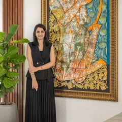 A moment of pride standing next to a stunning piece of art in our 'Enchanted Eco' project. This space is a reflection of our shared passion for creating beautiful and meaningful interiors.