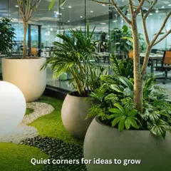 I create quiet corners designed for ideas to grow. This indoor zen garden setup uses a combination of large potted trees, smaller palms, and soft artificial grass with river stones to build a peaceful retreat within the office.