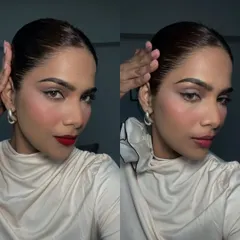 A comparison showing how a sleek hairstyle works beautifully with both a bold red lip and a softer nude gloss.