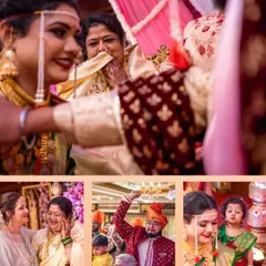 A collage of emotional and candid moments from a wedding ceremony, showing tears, laughter, and blessings from family.