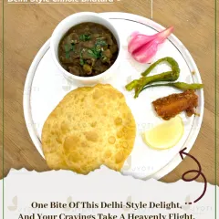 One bite of this Delhi-style Chhole Bhatura and your cravings will take a heavenly flight. The fluffy bhatura is served with rich, spicy chhole and classic accompaniments.