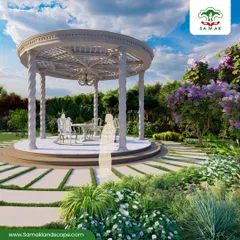 A classical white gazebo serves as the focal point in this beautifully rendered garden design. Surrounded by flowering trees and intricate pathways, it provides a timeless and elegant destination for quiet contemplation or social gatherings.