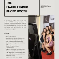 This is our Magic Mirror Photo Booth, a 70-inch full-length selfie mirror with a seamless touchscreen. It allows guests to take high-resolution photos, sign their names, and get instant prints.