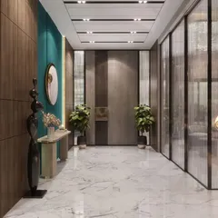 This entrance corridor uses a combination of wood paneling, fluted glass, and a striking teal accent wall to create a rich, textured experience. The design sets a sophisticated and modern vibe from the moment you step inside.