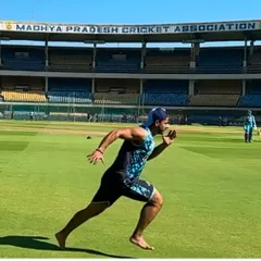 Chasing speed and building strength. A shot of me during a barefoot sprint, focusing on natural running mechanics and foot strength at the Madhya Pradesh Cricket Association stadium.
