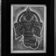The same Ganesha mandala art, presented in a black and white format that emphasizes the complexity of the line work.