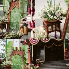 The entrance to the engagement ceremony, featuring a personalized welcome sign framed by banana leaves and fresh flowers. This first impression sets the tone for a warm and traditional celebration.