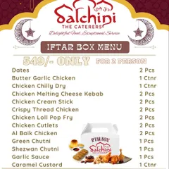 Here is the complete menu for our Iftar Box, designed for two people. You get 8 different types of chicken starters, our special chutneys, and even a caramel custard for dessert. No need to cook, just open the box and enjoy.