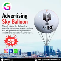 This graphic shows one of our advertising sky balloons floating above a city skyline, illustrating the powerful visibility it provides for brands like 'The Vibe'.