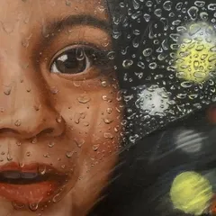 A close-up from the 'Dewdrops' painting in progress. Capturing the photorealistic water drops requires careful attention to how each droplet reflects and refracts the light and the image behind it.