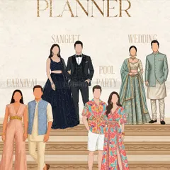 Guests always ask what to wear, so I created these illustrated wardrobe planners. This insert shows custom outfits for each event, from the Sangeet to a pool party, making it super easy and fun for everyone to get the dress code right.