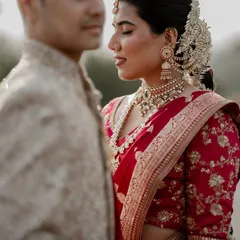A serene and intimate portrait. The focus on the bride's calm expression and intricate jewelry, with the groom softly blurred, creates a beautifully artistic and romantic image.