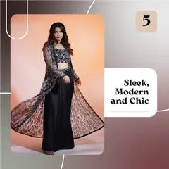 A graphic showcasing a sleek, modern, and chic black Indo-Western set. The sheer, printed jacket adds a layer of sophistication to the look.
