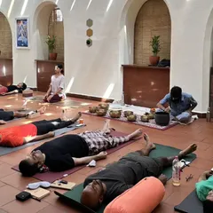 A moment of deep relaxation in Savasana during a sound healing session at a retreat. The energy in the room was so peaceful and restorative.