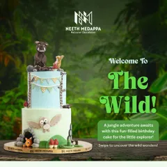 Welcome to the wild. This two-tiered jungle adventure cake features a Gruffalo-inspired theme with a curious fox and a wise owl.