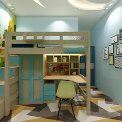 This loft bed incorporates a full study station underneath, complete with a desk, drawers, and shelving. It's an all-in-one solution that saves space without sacrificing functionality.