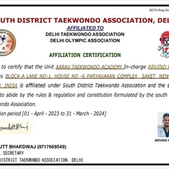 Our affiliation certificate from the South District Taekwondo Association, Delhi. This shows we are a recognized and approved training center.