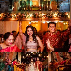 A collage from Ankitha and Adithya's reception. It showcases the grand stage decor, the couple's energetic entrance, and their joyful walk through a shower of petals, telling the story of a lively celebration.