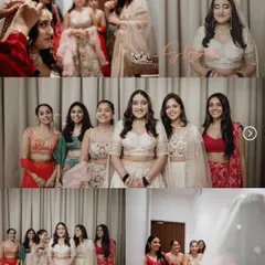 A collage of the bride and her bridesmaids getting ready, full of laughter and supportive moments.