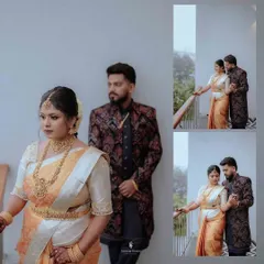 A collage showcasing the new parents during their baby's naming ceremony. The images capture them together in their elegant traditional outfits, celebrating this special day.