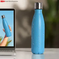 This composite image for a water bottle combines a clean studio shot with a lifestyle context image on a laptop screen. It's a creative way to show the product both in detail and in use.