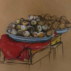 This artwork of Belada hannu, or wood apples, sold at a roadside stall, is a fond memory captured in colored pencil. I am drawn to subjects that are deeply rooted in local life, and this piece has since been sold to a collector.