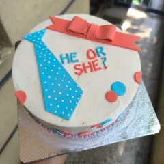 A minimalist and modern gender reveal cake. The design features a fondant tie and bow with the question "He or She?" for a chic and exciting way to share the big news.