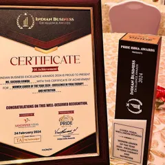 This award for 'Excellence in Yoga Therapy and Nutrition' is more than a certificate; it represents my deep dedication to your well-being. It is a symbol of the trust my clients place in me and the life-changing power of holistic healing.