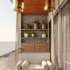 This cozy balcony design shows how even a small space can become a personal retreat. I used a custom swing sofa, a stone accent wall, and a variety of plants to create a perfect spot for relaxing with a view.