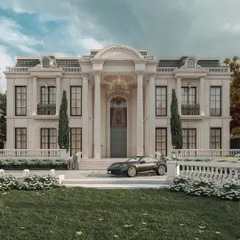 We envision and craft palatial estates that are a testament to timeless European classical design, reimagined for the present day. This render showcases the grandeur we bring to life, with Corinthian columns, an ivory-toned facade, and a scale that speaks of royalty and magnificence, all while being nestled in lush, manicured greenery.