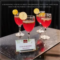 A refreshing fusion of sweet strawberries, zesty lime, and fresh mint. Our Strawberry Mojito is the perfect, vibrant non-alcoholic option for any celebration.