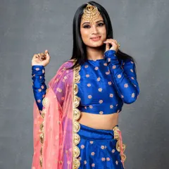 A full shot of the actress in a beautiful royal blue lehenga from my designer studio. The bold eye makeup is balanced with a natural base and a soft nude lip to keep the look sophisticated.