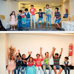 The pure energy of childhood! A group of kids jumping for joy and cheering during a lively birthday party.