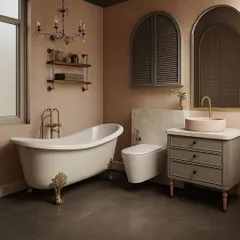 A proposed design for a kid's bathroom with a retro touch. The space includes a classic clawfoot bathtub, an arched mirror, and vintage-style fixtures, all set against a warm, earthy color palette.