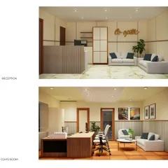 Interior design proposals for the Co-optex corporate office. This image shows the reception and CGM's room, where we used a classic, formal aesthetic with subtle nods to handloom textiles through pleated wall panels.