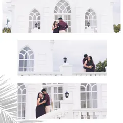 This collage showcases different angles from Felix and Sharon's pre-wedding shoot at a stunning white architectural location, creating a clean and elegant look.