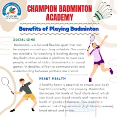 Playing badminton is great for your child's social skills and heart health. The sport provides a platform to meet new people and improves cardiovascular fitness by lowering bad cholesterol.