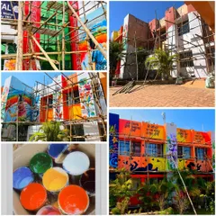 A collage showing the process and scale of the Jharkhand project. From the bare scaffolding and pots of acrylic paint to the finished, vibrant building, this was a journey of art and soul.