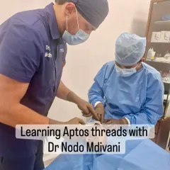 A close-up view of me learning advanced Aptos thread techniques with Dr. Nodo Mdivani. Continuous learning is essential to providing the best non-surgical facelift options for my patients.