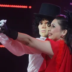 A fun, modern twist with a Michael Jackson-inspired puppet taking a selfie with my wife, Rujuta, during our Zee Marathi show. We always aim to surprise the audience.