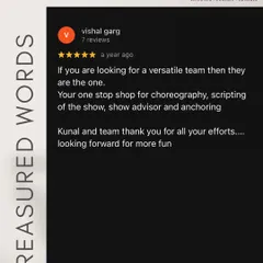 "Your one stop shop for choreography, scripting of the show, show advisor and anchoring." This review from the groom's brother highlights the comprehensive nature of my services. I handle all aspects of the Sangeet to ensure a seamless show.