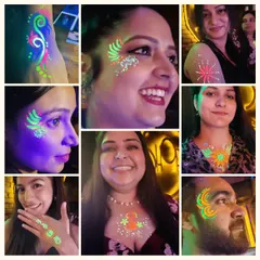 Let's glow! Here are some moments from a super fun neon party where we used glow-in-the-dark paint. This is a fantastic way to light up an evening party for adults or teens.